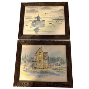 Jerry Heacock Signed Watercolor Paintings Set of 2 Duck Hunting Farmhouse 1985